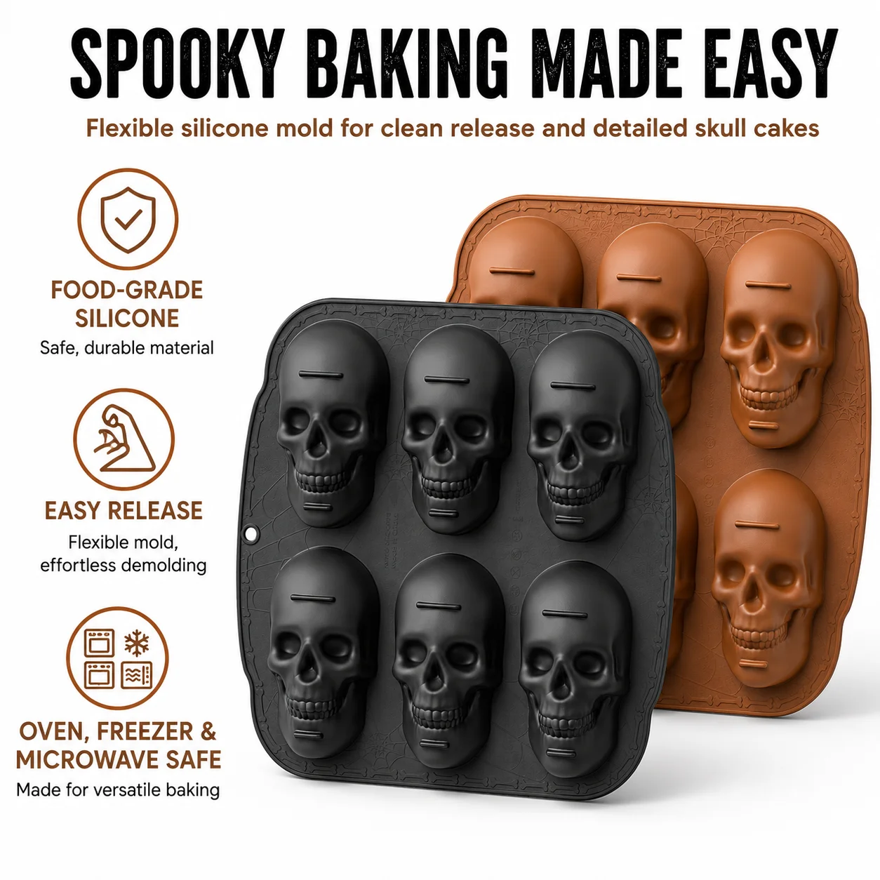 6-fach Totenkopf-Kuchenform aus lebensmittelechtem Silikon – leicht zu entformende Backform für gruselige Halloween-Party-Desserts und Schokolade – Detail 2