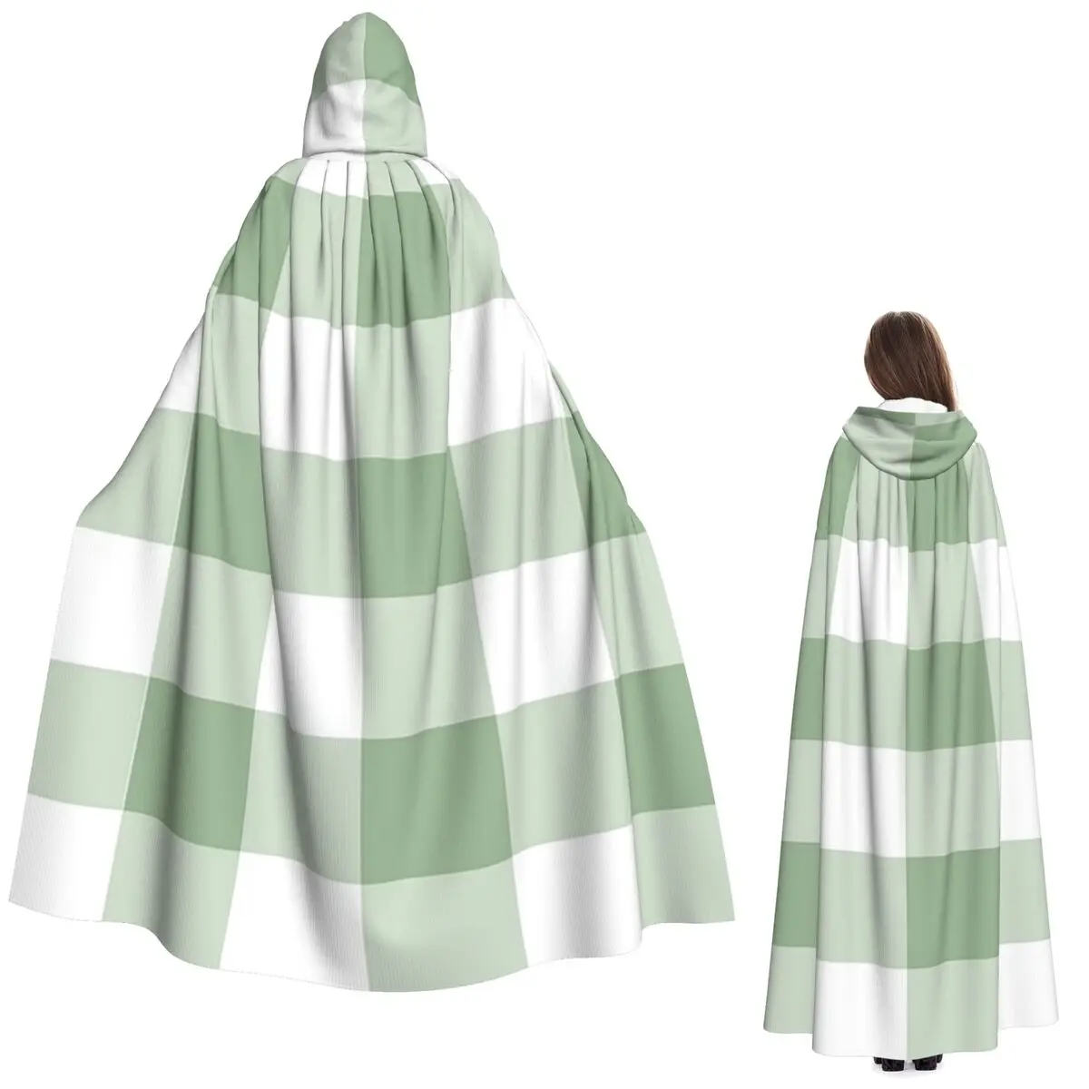 Capa Larga con Capucha, Diseño de Cuadros Vichy Verde Salvia, Disfraz Medieval de Bruja, Capa de Cosplay para Halloween, Unisex para Adultos