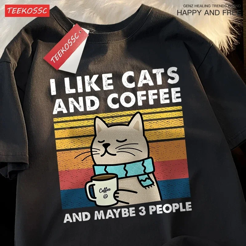 

2025 I Like Cats And Coffee Men Women T-Shirt Cotton Tee Clothes Hip Hop Loose Tshirt Fashion Crewneck T-Shirt Streetwear Couple