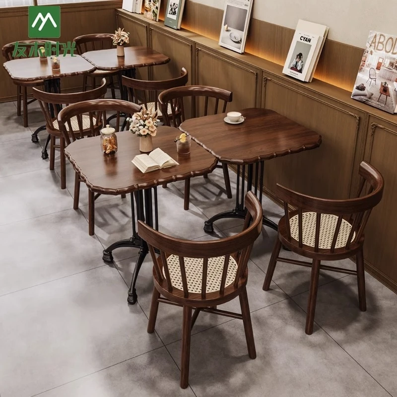 Restaurant Booth SetAmerican Retro Milk Tea Chair Set, Dessert , Bakery Shop, Solid Wood Dining , Restaurant, Cafe Table And