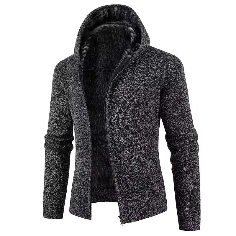 

New European and American Style Men's Fleece-lined Hooded Cardigan with and Long Sleeves Knitted Sweater for Winter.