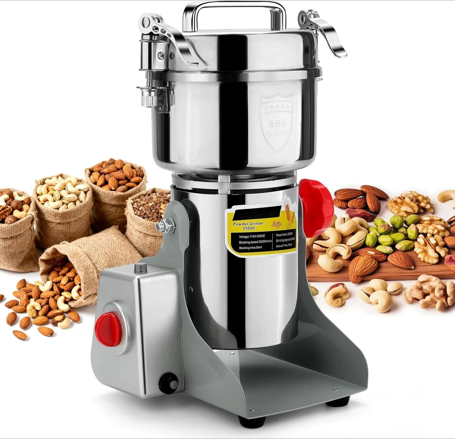 

2500G Electric Grain Grinder Mill, 3500W Swing-Type 304 Dry Cereals Pulverizer Makes Dry Goods, Spices