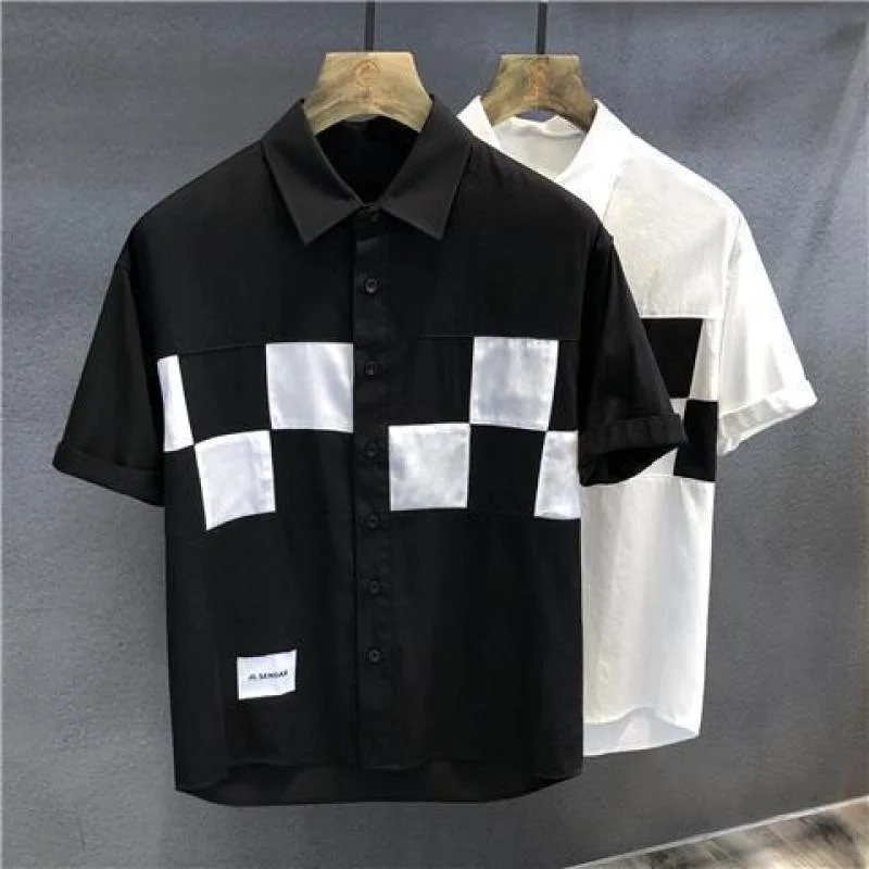 Black White Check Advanced Sense Handsome Trend Thin Style Leisure Design Sense Classic Men's Short Sleeved Shirt Summer 2024