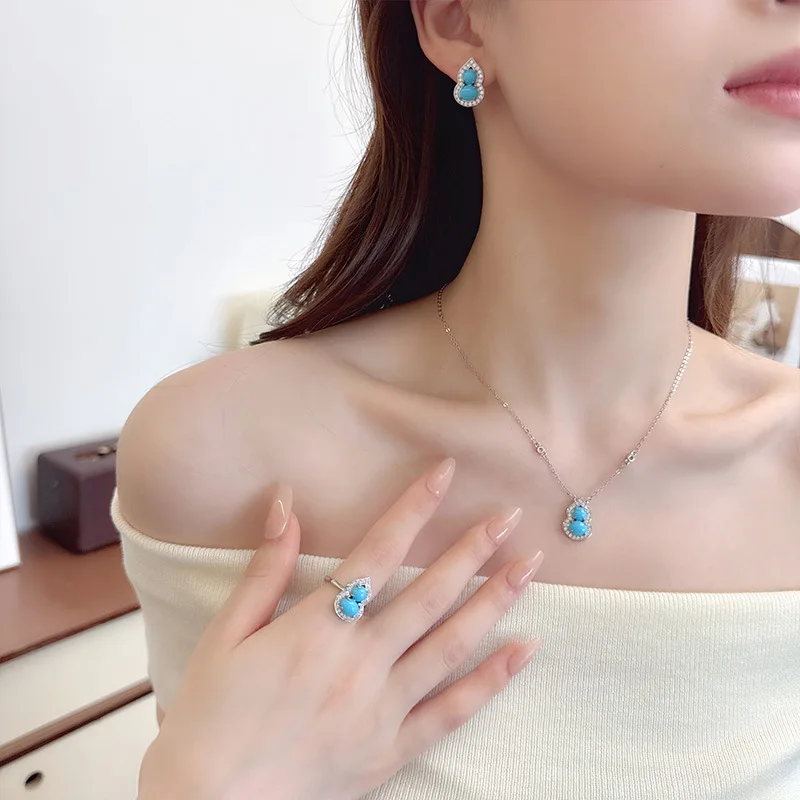 Set di gioielli con anello e collana con ciondolo zucca turchese imitazione retrò, orecchini in stile cinese di lusso leggero e di fascia alta