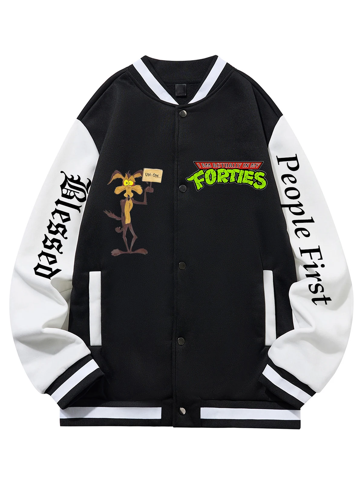 

Black Blue Green Double-Sided Print Jacket Loose Oversized XS-XXL Unisex Baseball Jacket Streetwear Coat Warm Fleece Soft Jacket