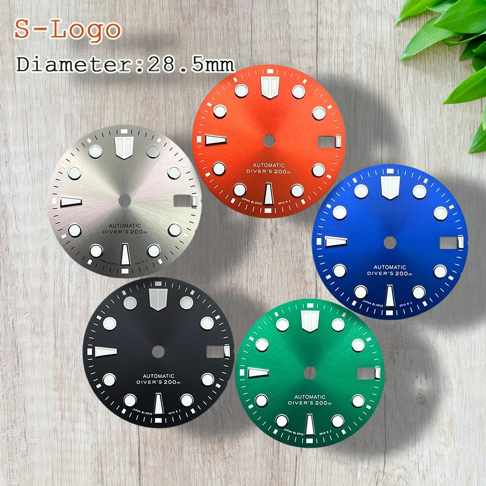 

28.5mm S Logo NH35 Dial Sunray Diver's Dial Fit NH35/NH36/4R/7S Movement Green Luminous 3.0/3.8 Watch Modification Accessories