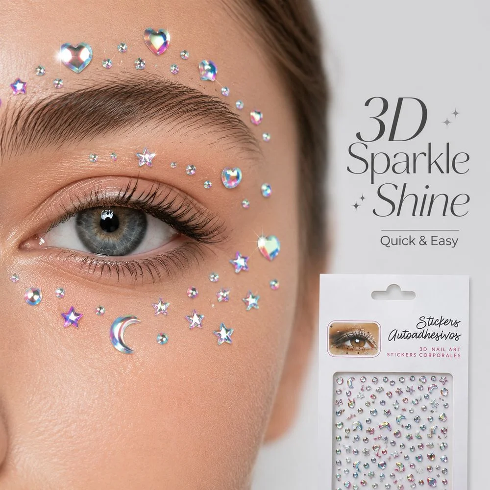 1Pc Mixed Pattern Face Gem Sticker Moon Star Heart Crystal Rhinestone Self‑Adhesive Decal For Rave Cosplay Body Eye Decoration