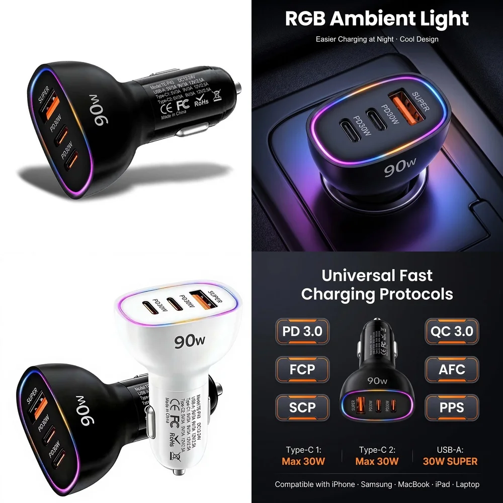90W Car Charger Multi Port Dual PD 30W Type C USB A 30W Super Fast Charging Adapter for Laptop MacBook PPS QC3.0 RGB LED LED