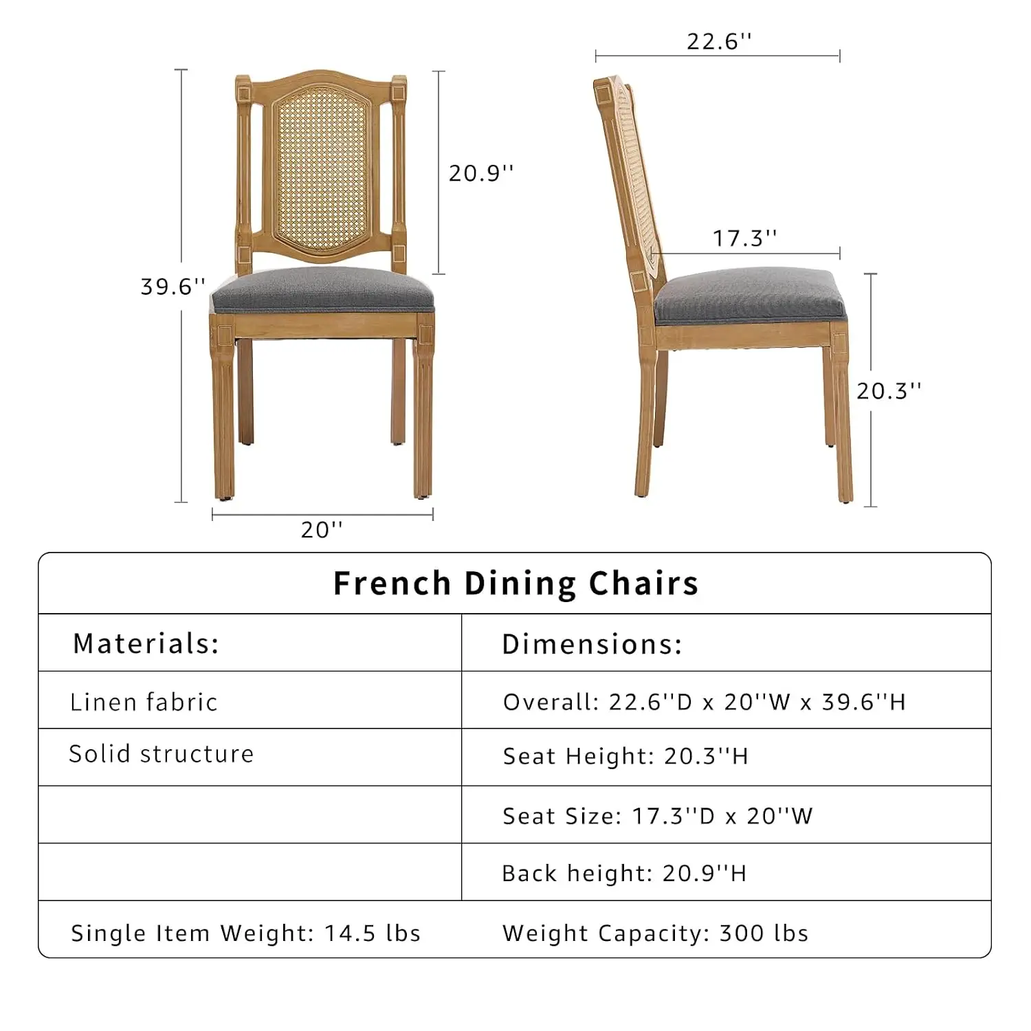 French Country Dining Chairs Set 6 Grey High Back Rattan Linen Seat Cushion Wood Legs Kitchen & Dining Room, Customized