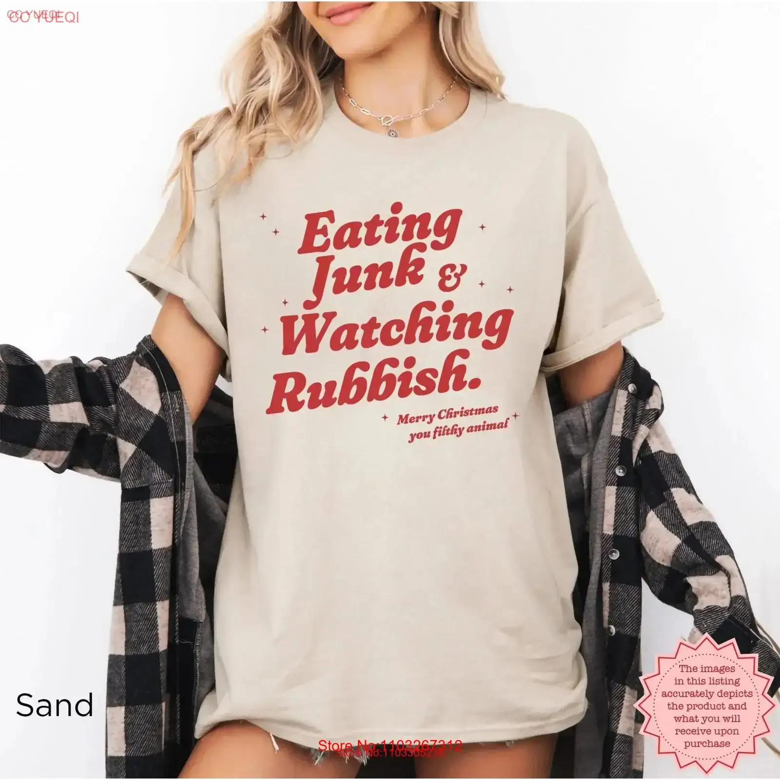 T-Shirt mit Aufschrift „Eating Junk and Watching Rubbish“, inspiriert von „Allein zu Hause“, lustige Weihnachtsmode, trendige Feiertagskleidung, Fan-Vintage-Washed-Stil
