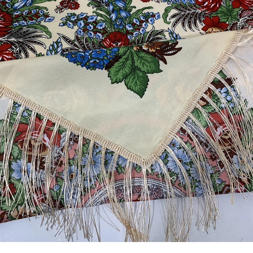 Luxury Floral Print Russian Scarf Women Retro Fringed Square Bandana Scarves Ukrainian Shawl Babushka Handkerchief Head Wraps