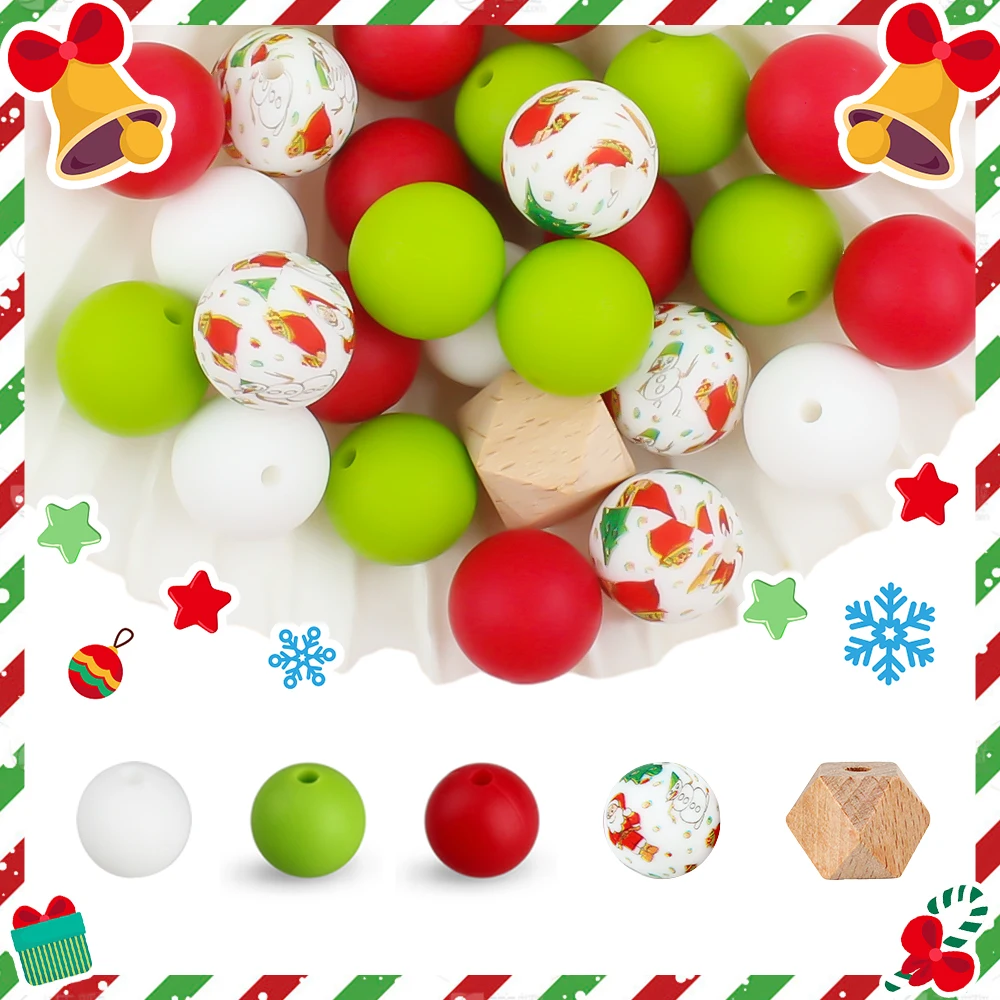 31pcs Christmas Silicone Beads Round Focal Loose Beads Set For Jewelry Making DIY Beadable Pen Keychain Handmade Accessories