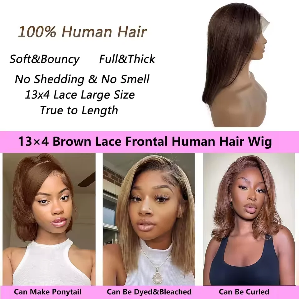 Straight Bob Wig Human Hair Color #4 Chocolate Brown HD Lace Front Wig 13x4 Lace Front Wigs Human Hair Pre Plucked 200% Density image 5
