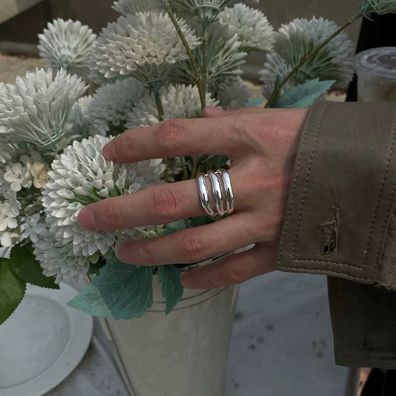 Stainless Steel Three-Layer Open Geometric Ring, High-End Design