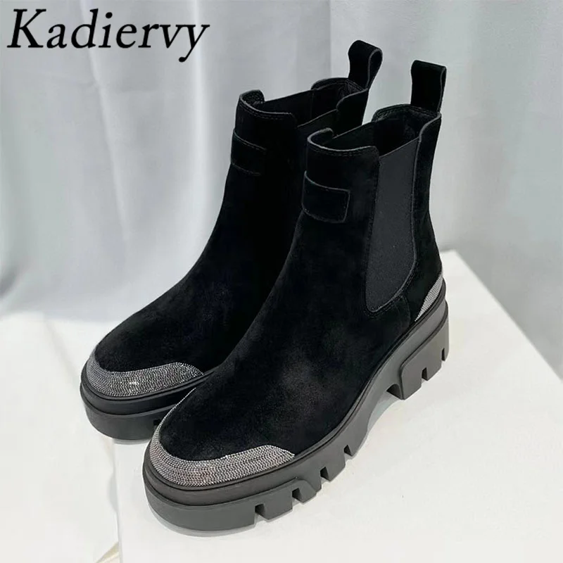 Thick Sole Motorcycle Boots Women Round Toe Slip-on Ankle Boots String Bead Flat Shoes Women Luxury Cow Suede Short Boots Woman