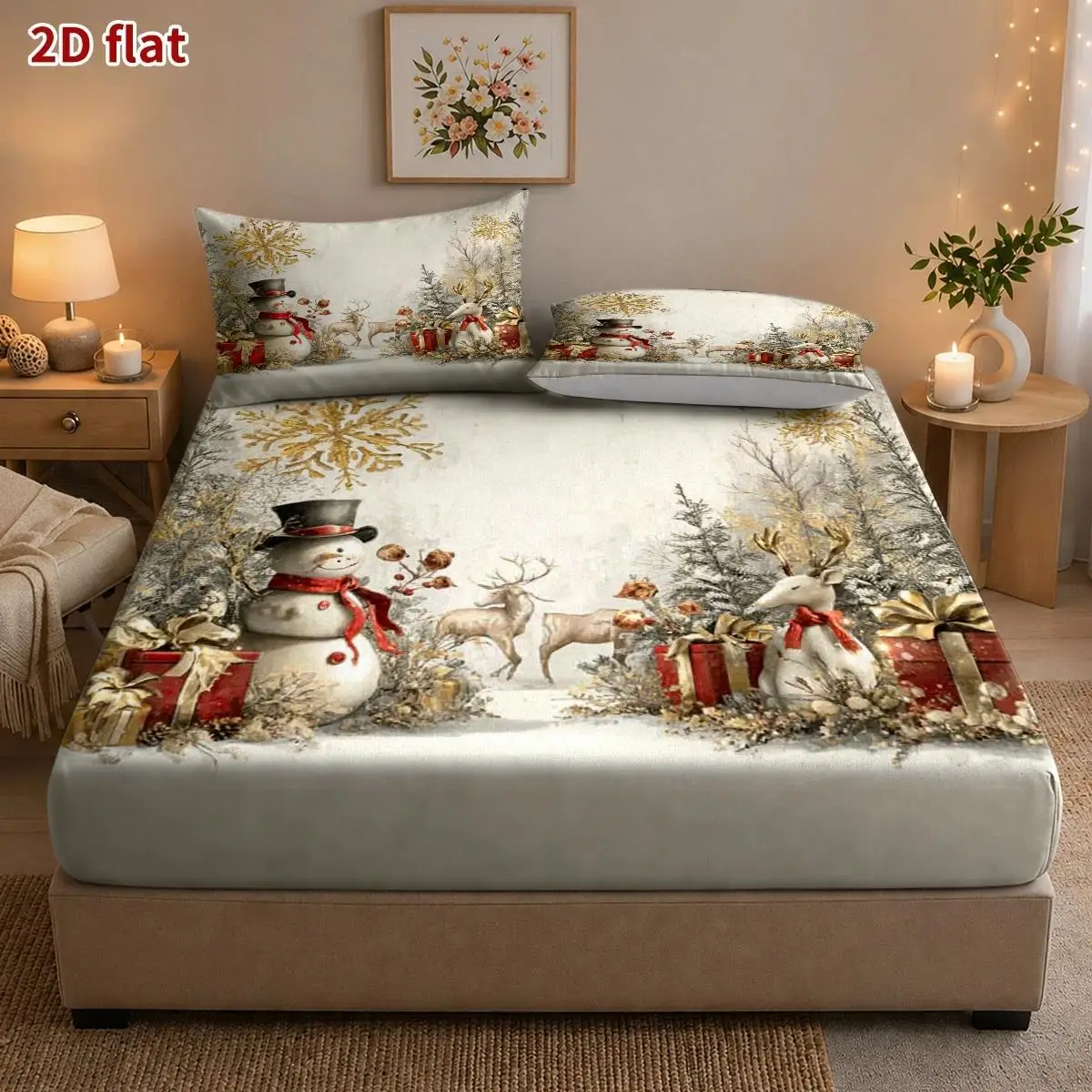 Christmas 2D Mattress Protector Digital Print Three-Piece Bedding Set (Includes 1 Fitted Sheet + 2 Pillowcases) Fitted Elastic Style Protective Cover 2D Flat Priting, Mattress Protector, Christmas Snowman and Reindeer Theme, Vintage Oil Painting Style, Merry Christmas, Christmas Holiday Decoration, Various Sizes, Breathable Protective Cover Plus Pillowcase