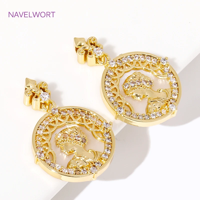 Luxury 18K Gold Plated Queen Charms Brass Inlay Zircon Round Charms Pendant For Jewelry Making Findings DIY  Acceossories