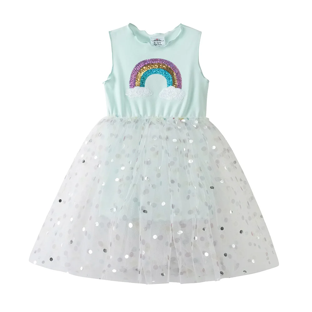 VIKITA Girls Sleeveless Sequined Rainbow Appliqued Summer Dress Kids Silver Dot Mini Green Birthday Party Princess Mesh Dresses