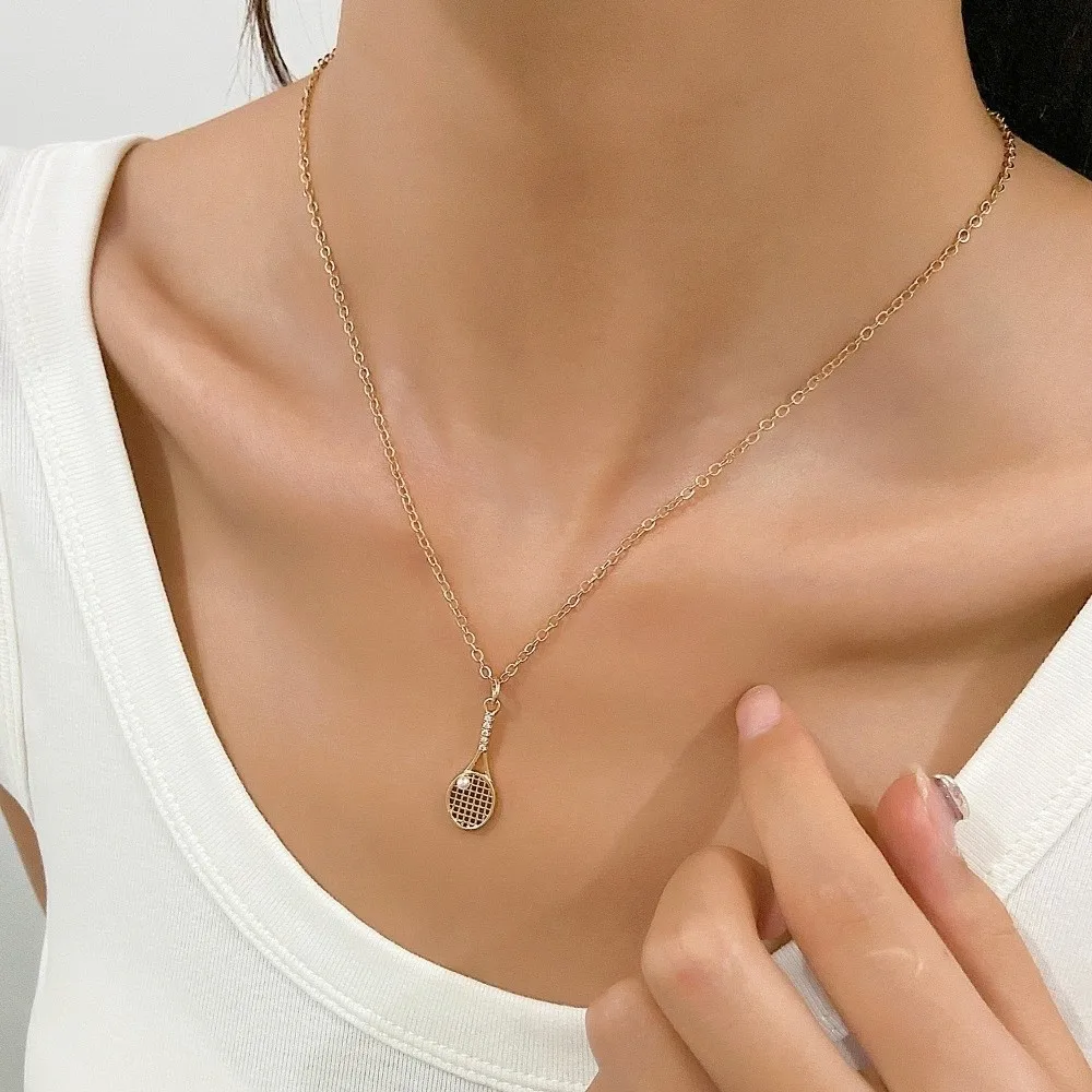 Zircon Tennis Racket Gold Color Alloy Pearl Tennis Ball Pendant Rhinestone Decorated Racquet Clavicle Chain Collar Jewelry