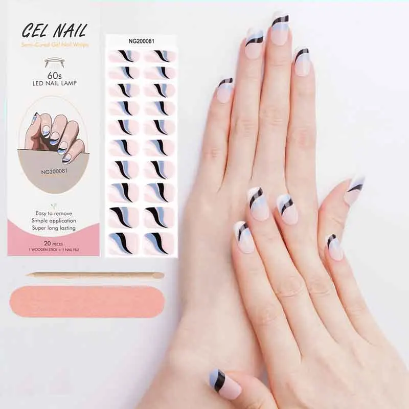 16/18/20Tips UV Semi-cured Gel Nail Stickers Nail Charms Waterproof Half Baked Stickers UV Lamp Required French Gel Nail Strips