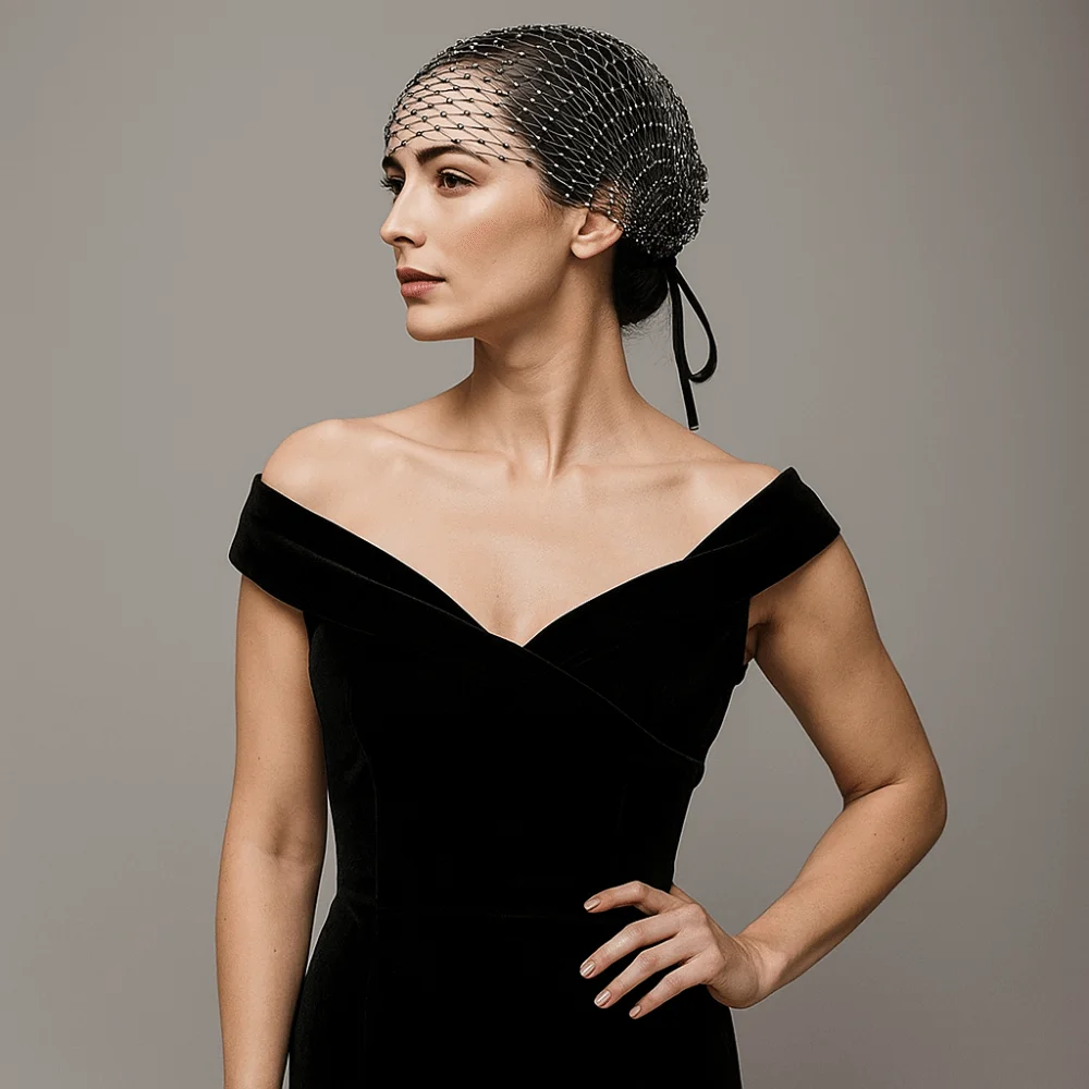 

European American Style Fishing Net Headcover Hollow Out Elastic Rhinestone Face Veil Adjustable Sparkling Bridal Headwear