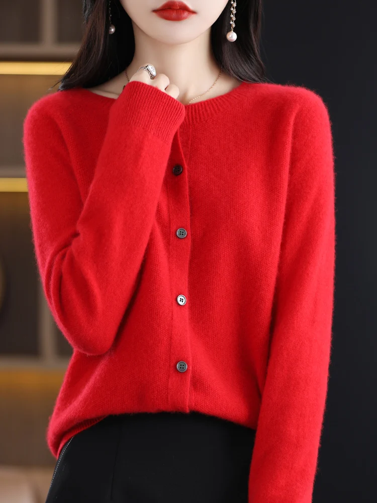 2024 Long Sleeve Cardigan New Fashion Women Sweater 100% Merino Wool Tops Jerseys O-Neck Knitwears Spring Autumn Women Clothing