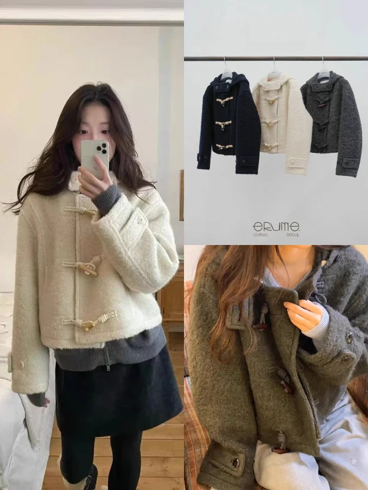 

Retro Sle Women's ort Woolen Coat with Hood And Horn Buttons from Dongda Gate Ele College Sle Top for Ladies