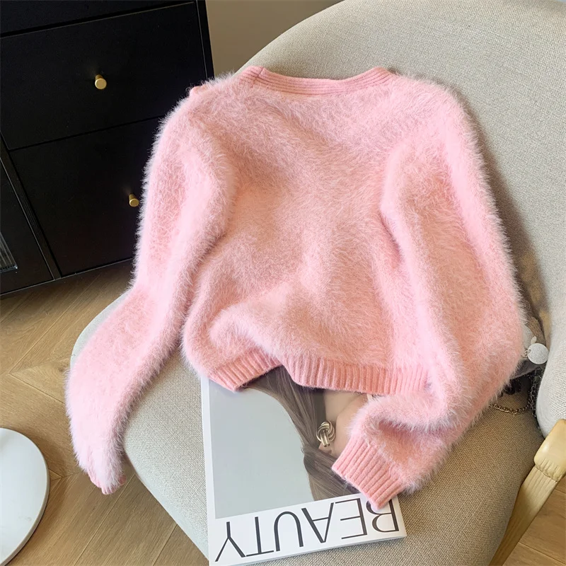 NEW Pink Flower Cardigan Women Clothing Knitting Sweater V-neck Long Sleeves Vintage Korean Fashion White Baggy Female Tops