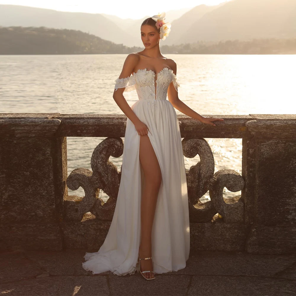 고품질 여성 신부 드레스 오프 숄더 a 라인 백리스 웨딩 드레스 공주 연회 vestidos de novias 맞춤형