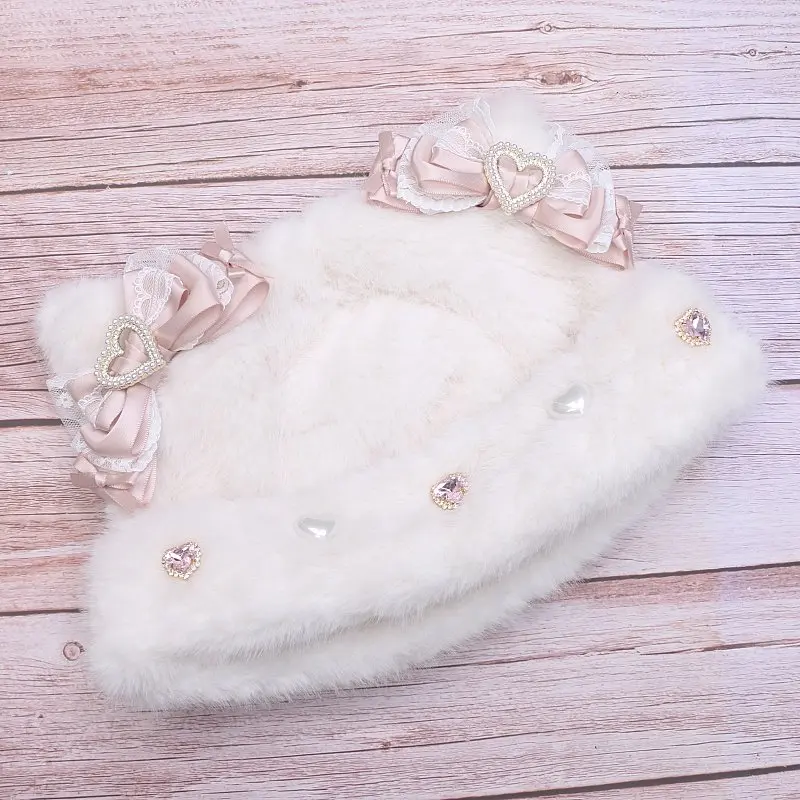 

Милая плюшевая шапка с бантом и кружевом со стразами, осенне-зимняя меховая шапка для девочек, оригинальные шапки ручной работы в стиле Лолиты