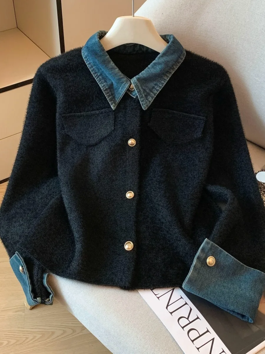 

Retro Denim Patchwork Knitted Collar Jaet Women's Autumn Winter New Sle Sweater Cardigan Original Design Loose Fit