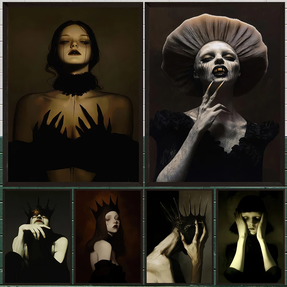 Witch Gaze Gothic Occult Art Poster Print,Creepy Queen Dark Fantasy Wall Art,Shadow Nymph Portrait Canvas Painting Home Decor