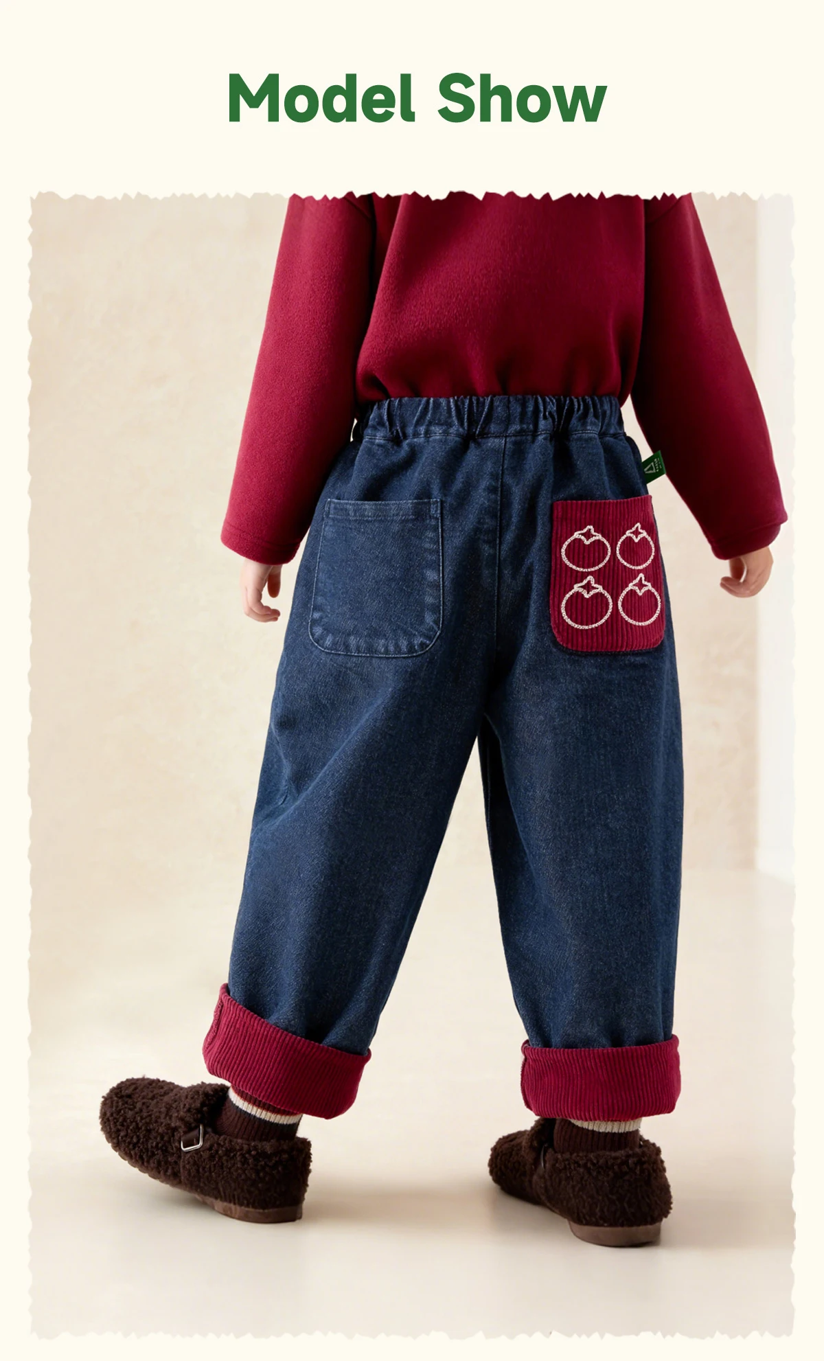 Amila 2026 Kinder Winter Denim-Plüsch-Freizeithose Rot Gestrickte Beine mit Bündchen Fruchtmuster Gesäßtasche Modisch und Niedlich – Detail 8