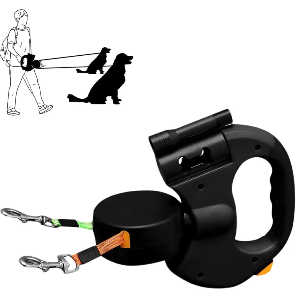 With Flashlight Dual Dog Retractable Leash Poop Bag Holder 360° Rotating Dog Tractions Rope Retractable LED Lights