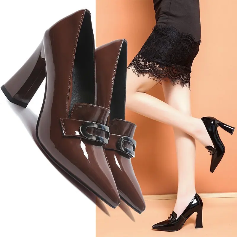 Comemore 2024 High Heels Dress Shoes Zapatos Mujer Pointed Toe Woman Pumps Black Brown Patent Leather Chain Slip on Square Heel