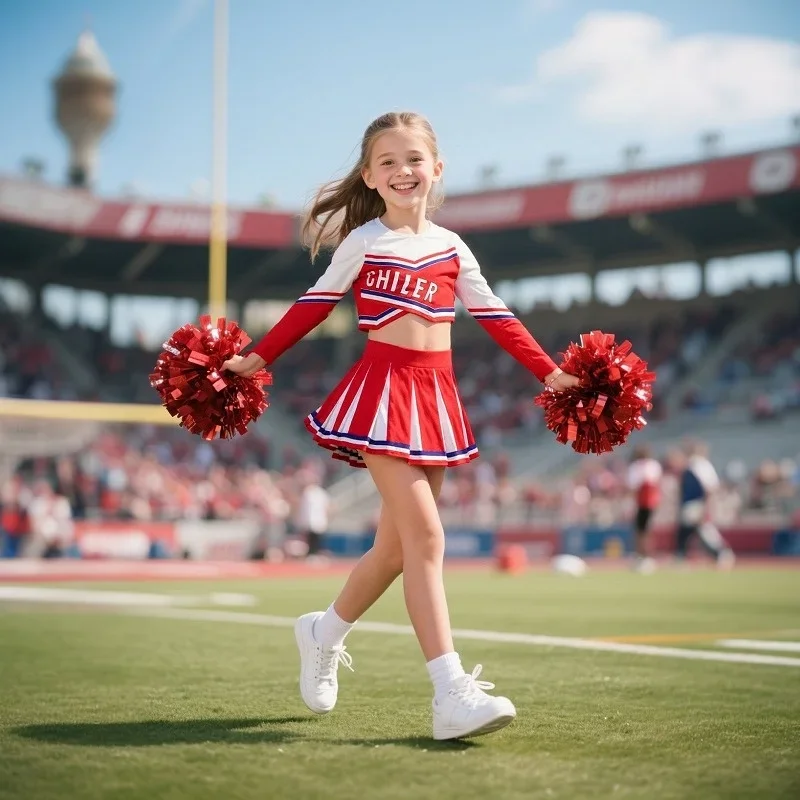 فستان المشجع 3-12 سنة (مع زهرة اليد) مطبوعة رسالة تي شيرت لعبة كرة القدم مهرجان تأثيري الملابس تنورة أزرق أحمر