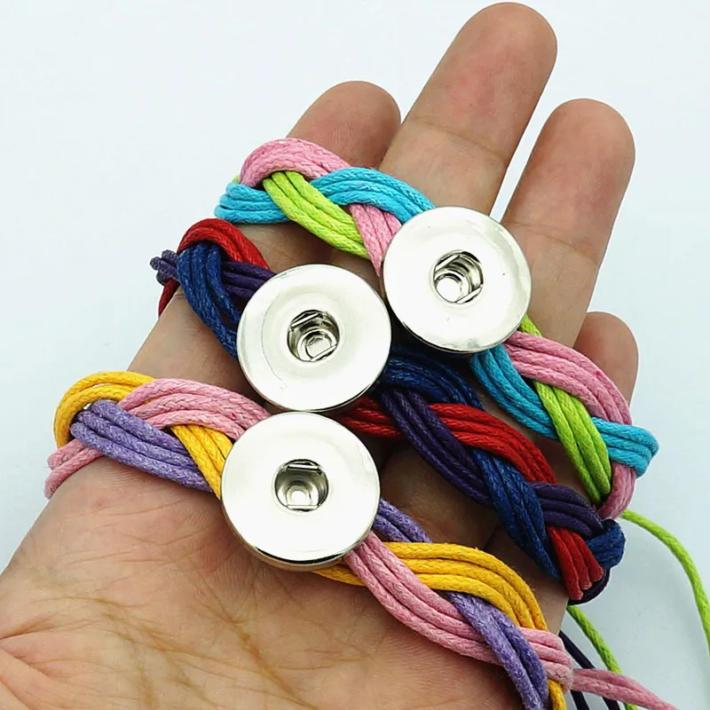 10pcs mixed Colorful twist style Rope Wax thread adjustable 18mm snap bracelets fit 18mm snap buttons jewelry DIY accessories