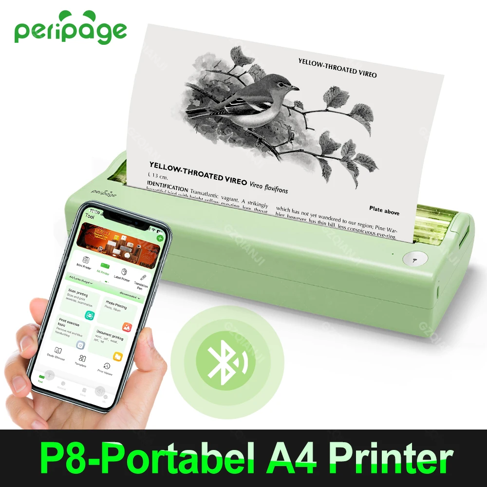 

Peripage P8 A4 Thermal Printer PDF Excel World Document Print Machine Bluetooth Connect Mobile Wireless Printing 203dpi