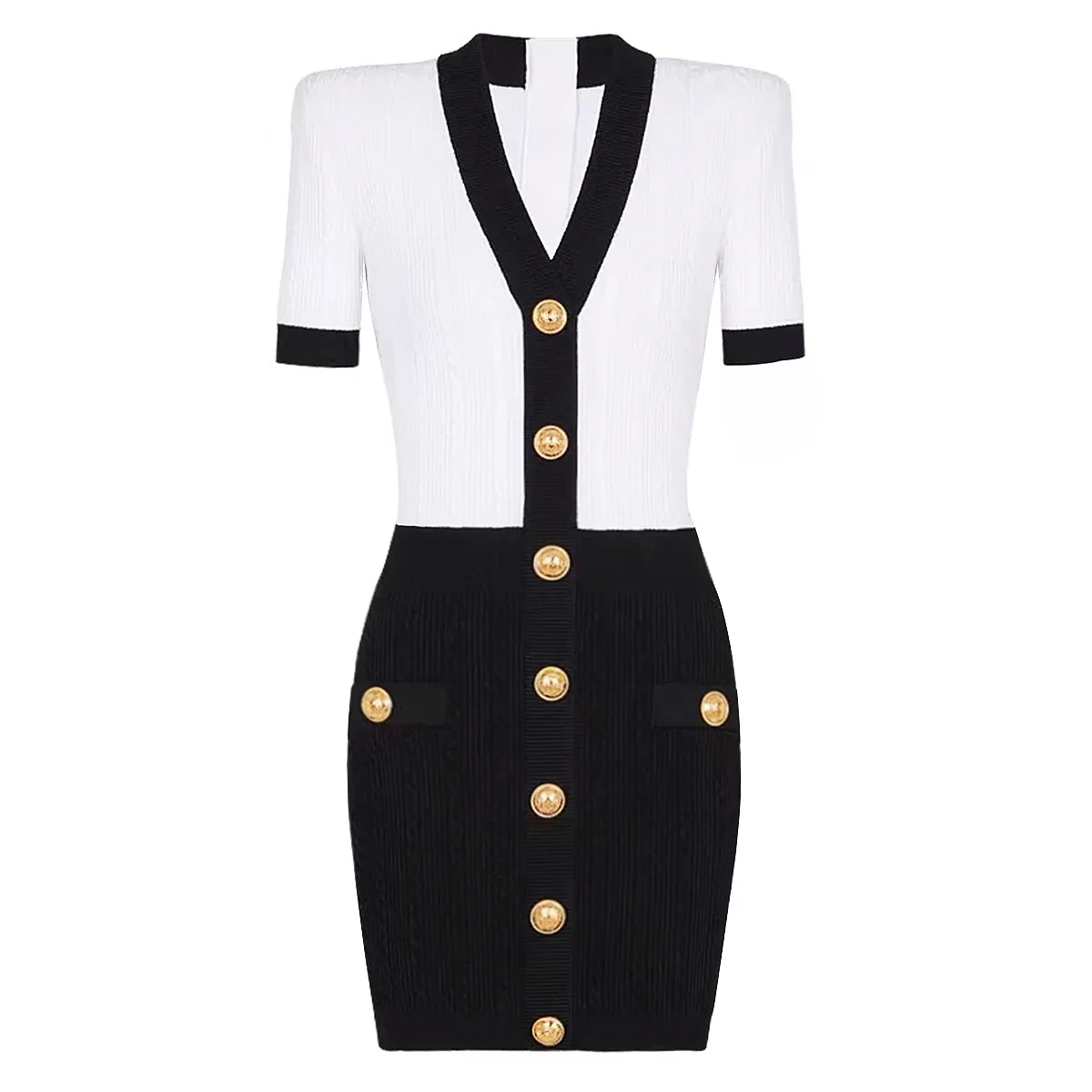 

Women's V-neck knitted dress patchwork slim fit single-breasted decorative pocket mini dress