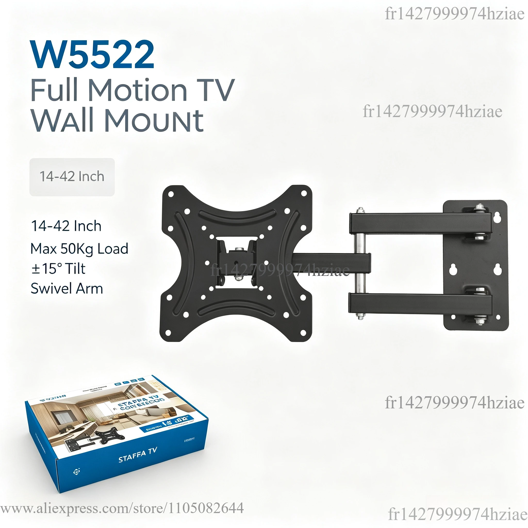 W5522 Supporto da parete per TV con movimento completo, per TV da 14 a 42 pollici, braccio articolato girevole, ±15 ° Supporto TV inclinabile, carico massimo 50 kg, VESA 50x50 mm a 100x100 mm