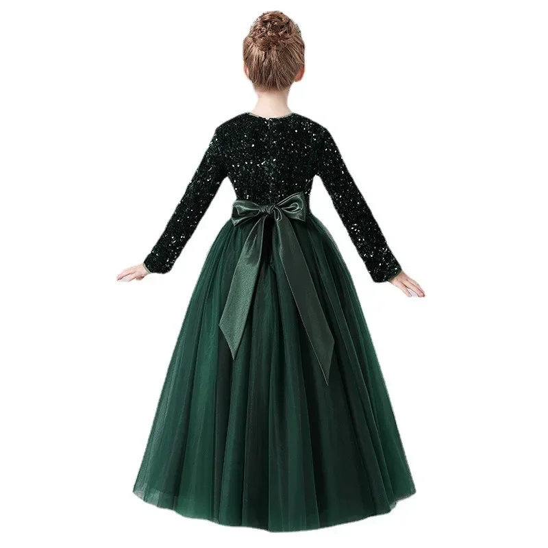 Girl's Concert Solo Dress Children's Piano Performance Dress Dark Green Middle School Host Dress