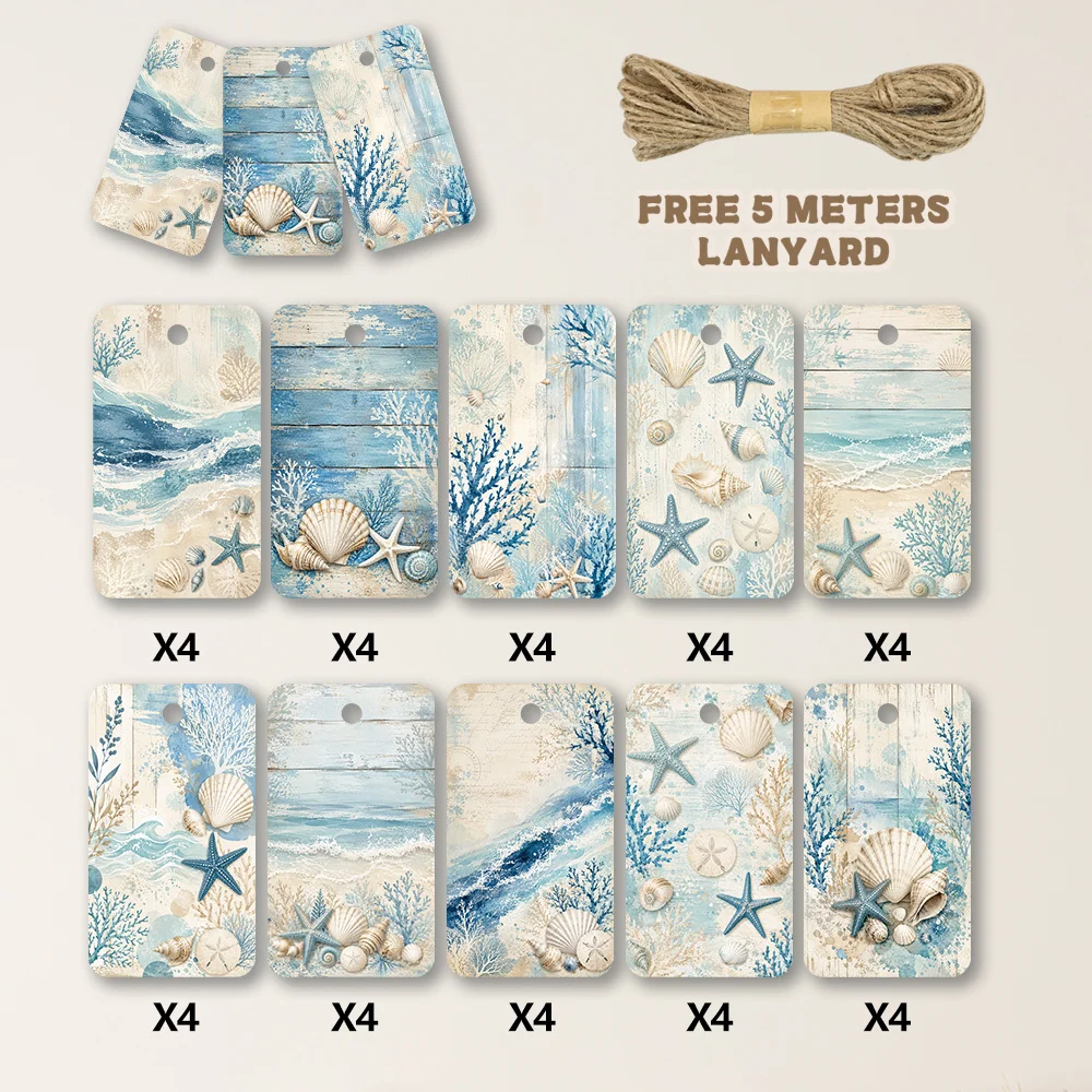 40pcs, Gift Tags, Vintage Blue Ocean Beach Art, Hanging Paper Labels for Gift Wrapping, Holiday Party Decor with String