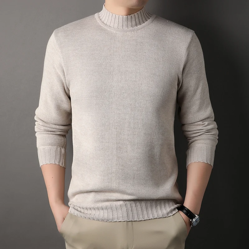 2024 Autumn/Winter New Men's Half High Collar Plush Thickened Sweater Integrated Plush Fashion Versatile Bottom Warm Sweater