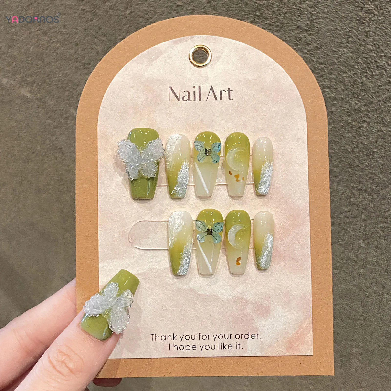 Gradiente verde artesanal unhas falsas para mulheres, brilho, cristal, borboleta projetada, bailarina, wearable, unhas falsas