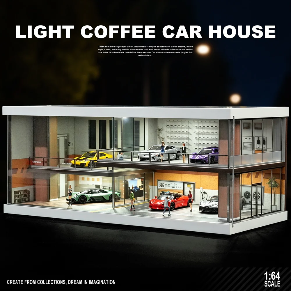 1/64 Light Coffee Car House Model Garage Diorama, LED Light-Up Assemble Building Set, Miniature Scene Display (No Car)