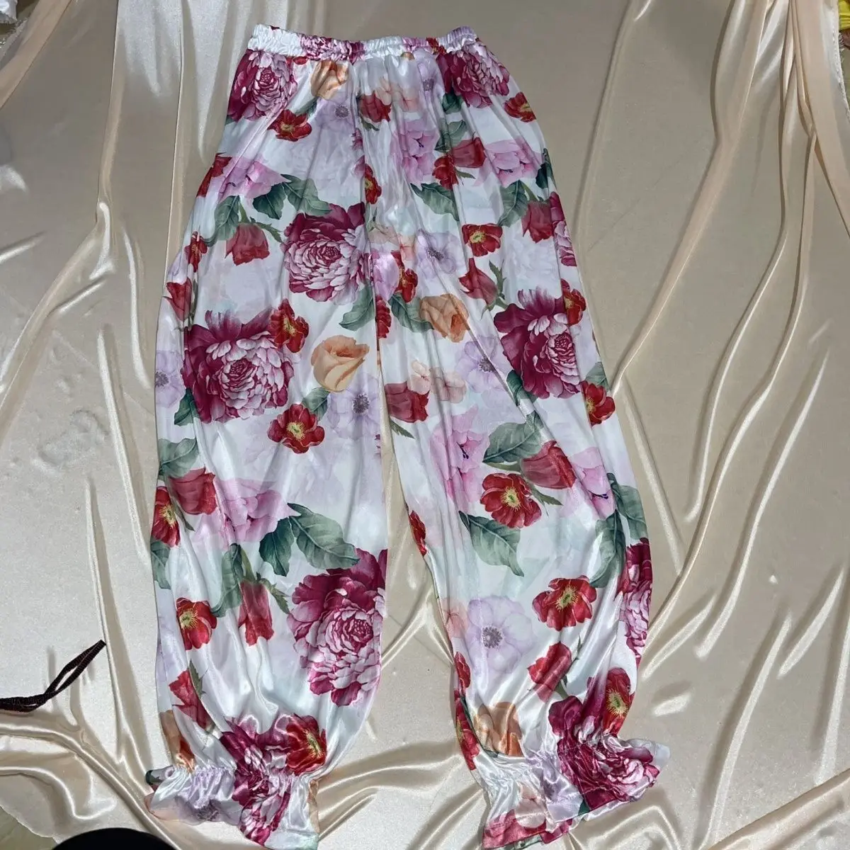 Pigiama sexy da uomo Pantaloni lanterna lucidi in seta floreale rosa sottile da donna Vedi attraverso pantaloni larghi arricciati lisci come la seta Taglie forti