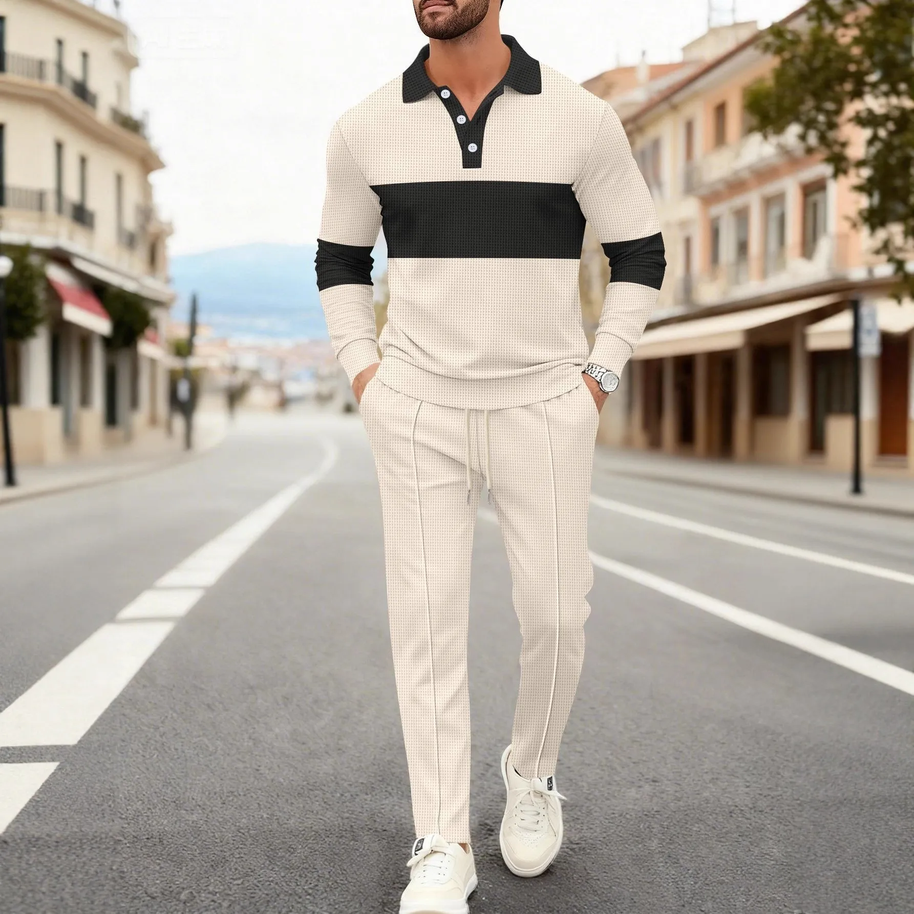 Men's Fashion 2-Piece Outfit Waffle Knit Polo Neck Top & Straight Leg Pants Set Casual Sporty Color Block Tracksuit