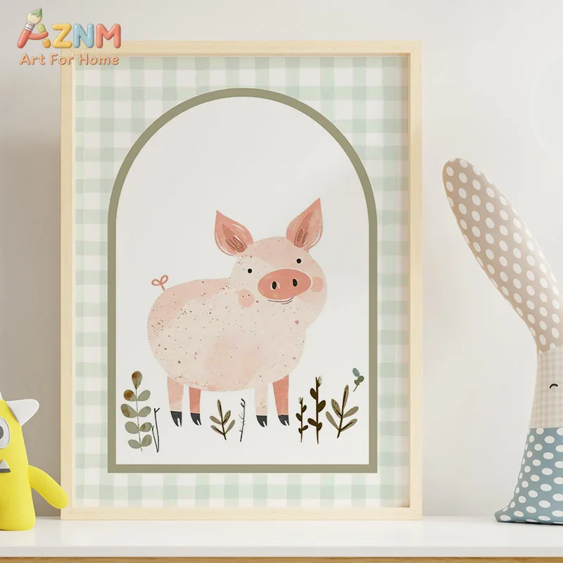 AZNM Cute Farm Animals Duck Pig Cow Llama Roar Canvas Wall Art, Soft Gingham Arch Nursery Initial Letter Decor Unframed Print Fo