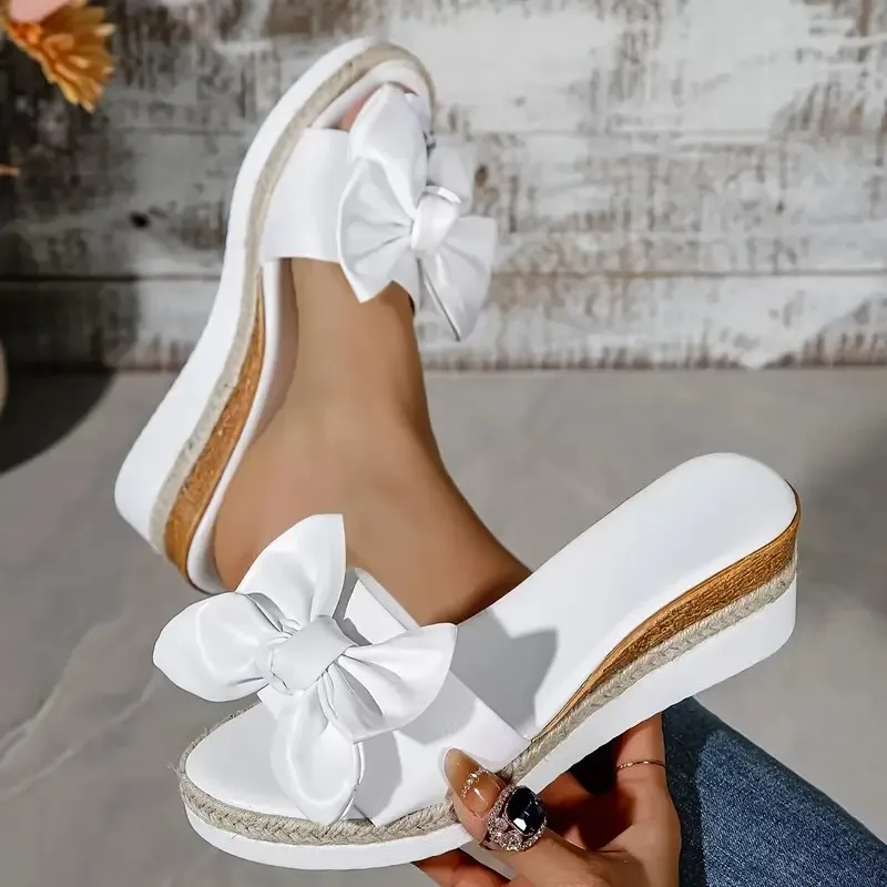 New Women Slippers Casual Solid Color Bowknot Platform Flat Shoes Fashion Braided Straps Outdoor Walking Sandals Zapatilla Mujer