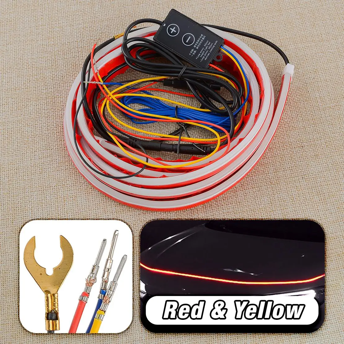 

Universal 2M Car Start Dynamic Flowing Red & Yellow LED Hood Light Strip Daytime Running Light Turn Signal Lamp